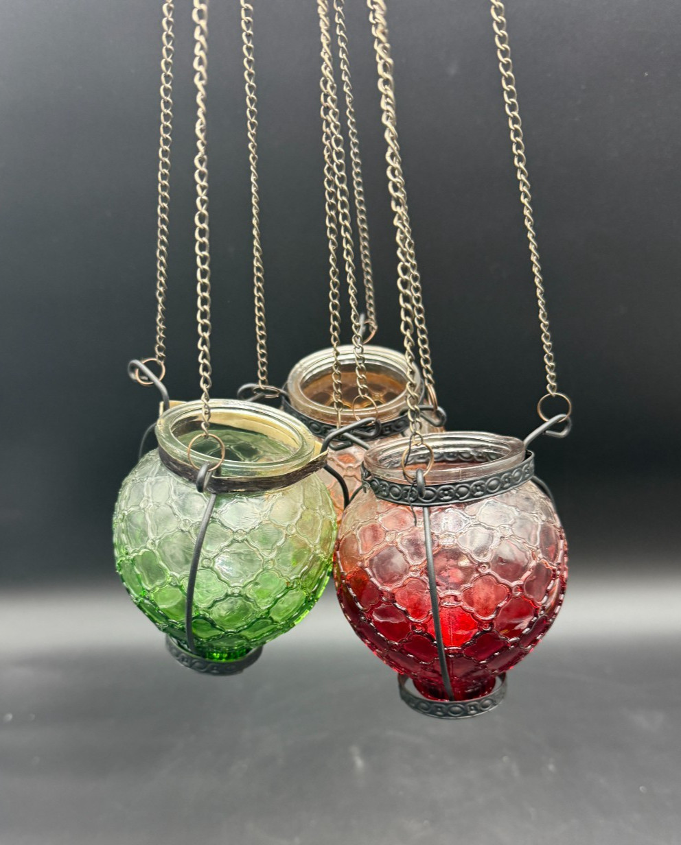 3 Vintage Bohemian Glass Hanging Votive Candle Holders READ