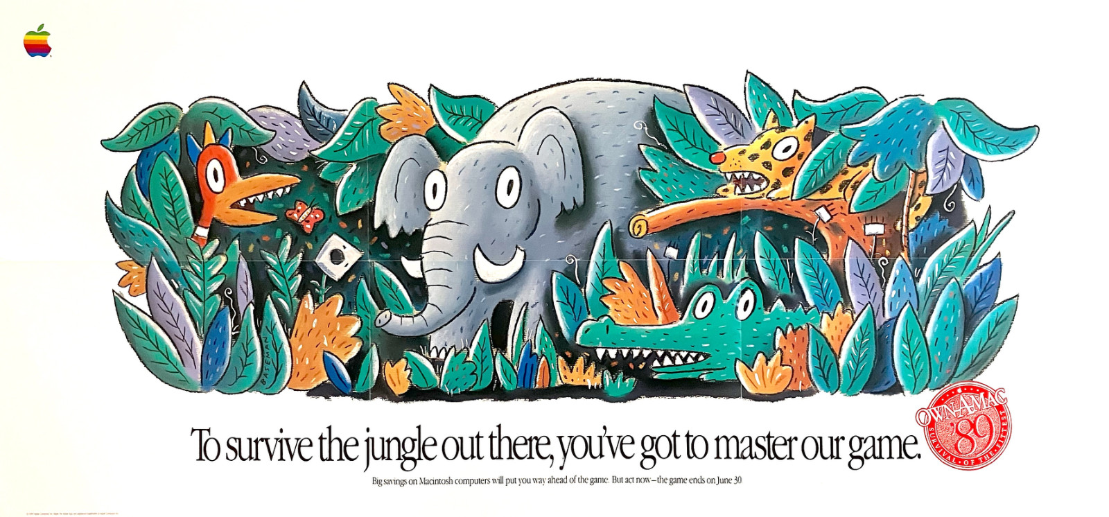 Apple Vintage 1989 Own-A-Mac \'89 Jungle Animals Poster 16x34 Rainbow Logo