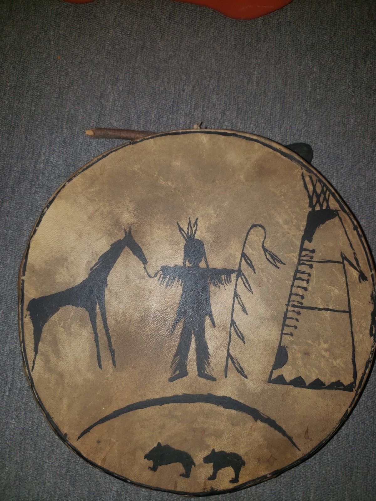 Vintage Native American Plains Mid 20th Century Rawhide Drum