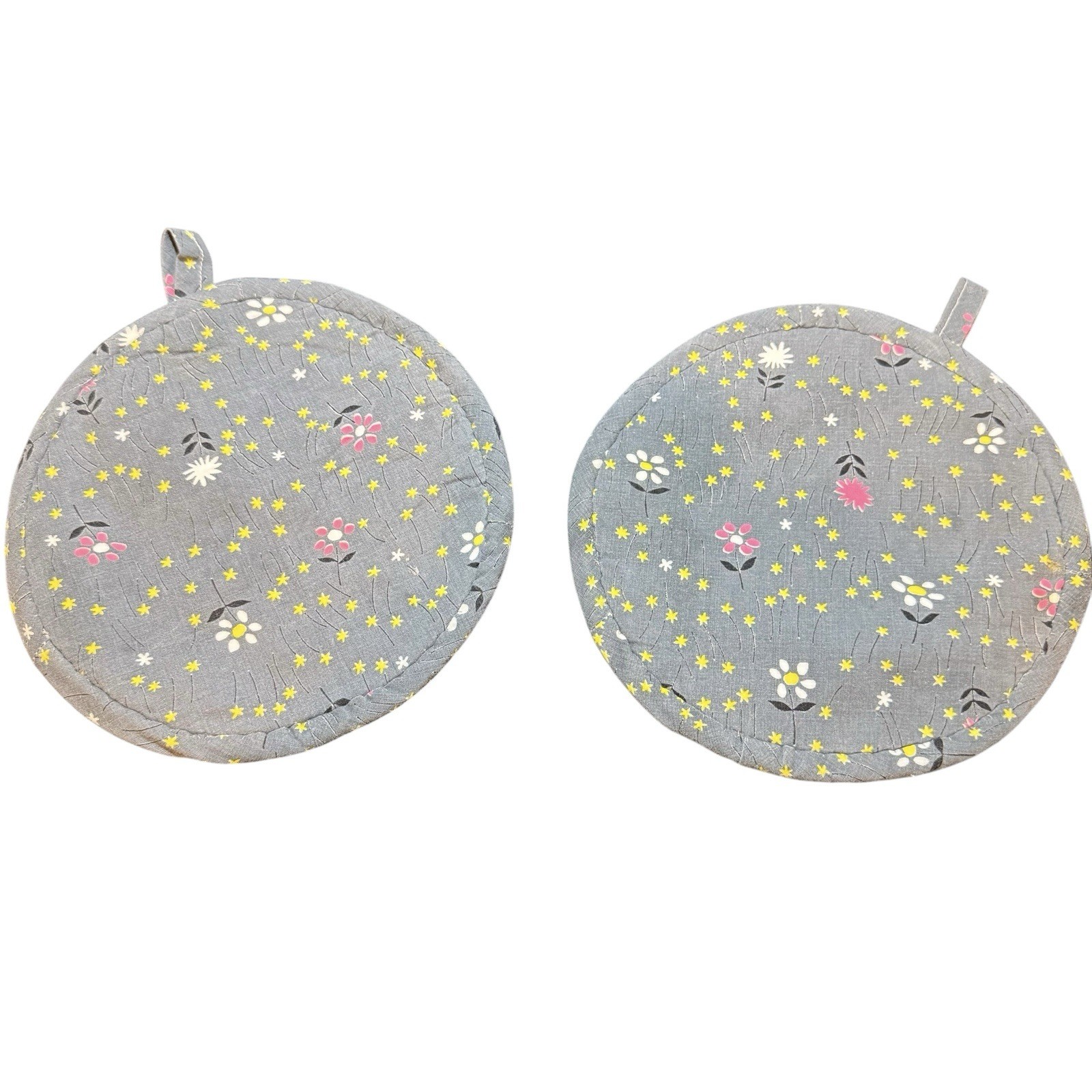 Vintage MCM Pot Holder Hot Pads Floral Handmade Circular Set 2