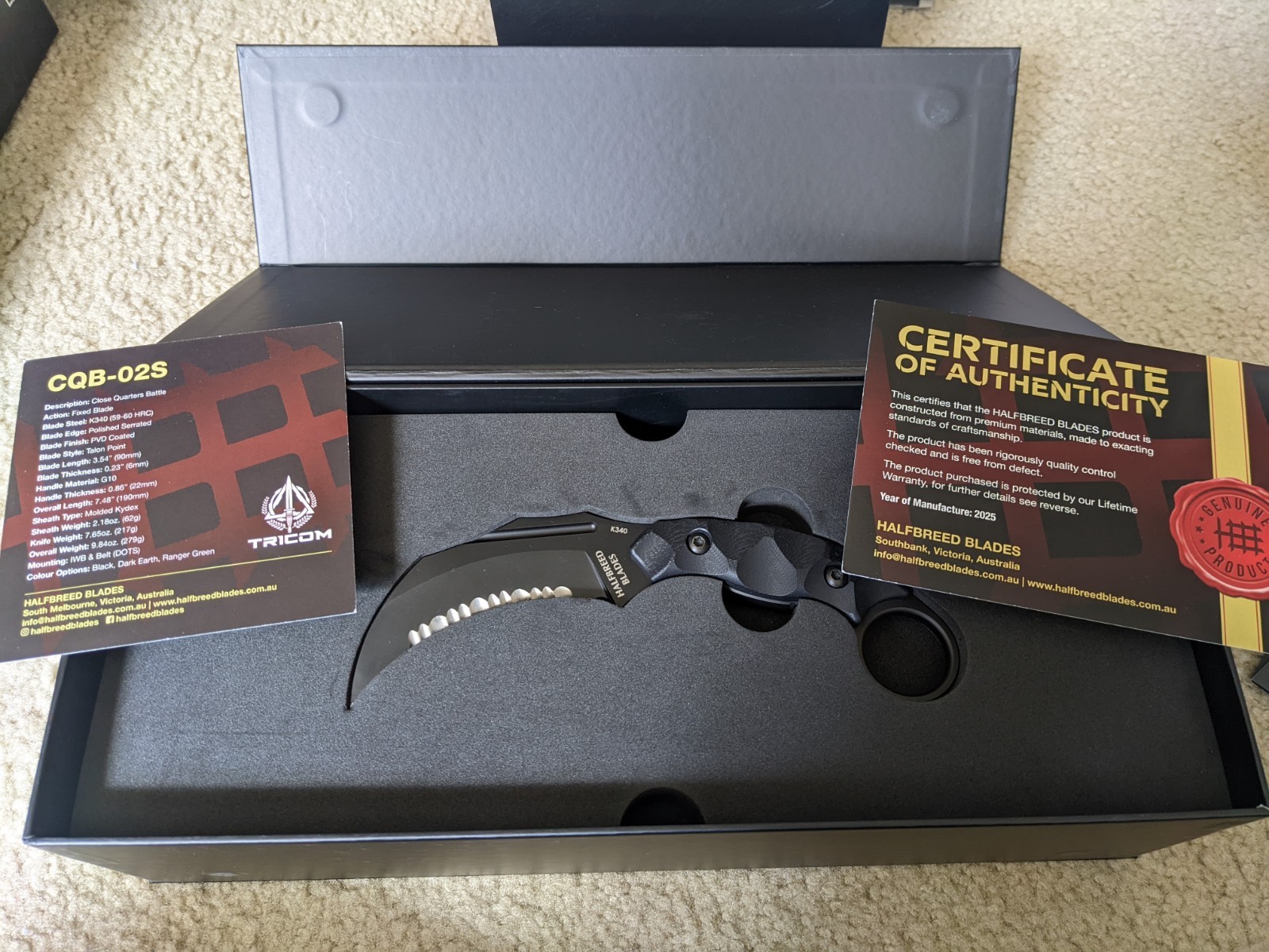Halfbreed Blades CQB-02S BLK Talon Fixed Blade Knife 3.54\