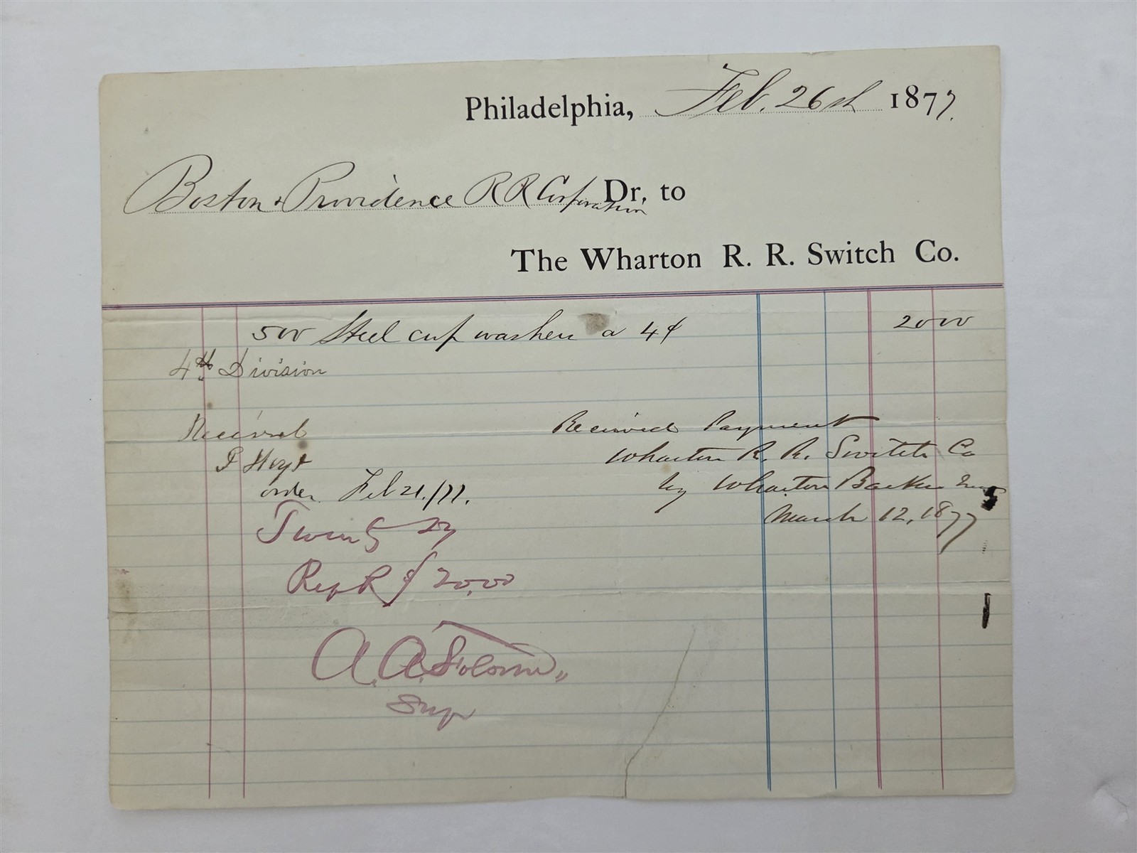1877 antique WHARTON R.R. SWITCH CO phila pa BOSTON PROVIDENCE railroad BILLHEAD