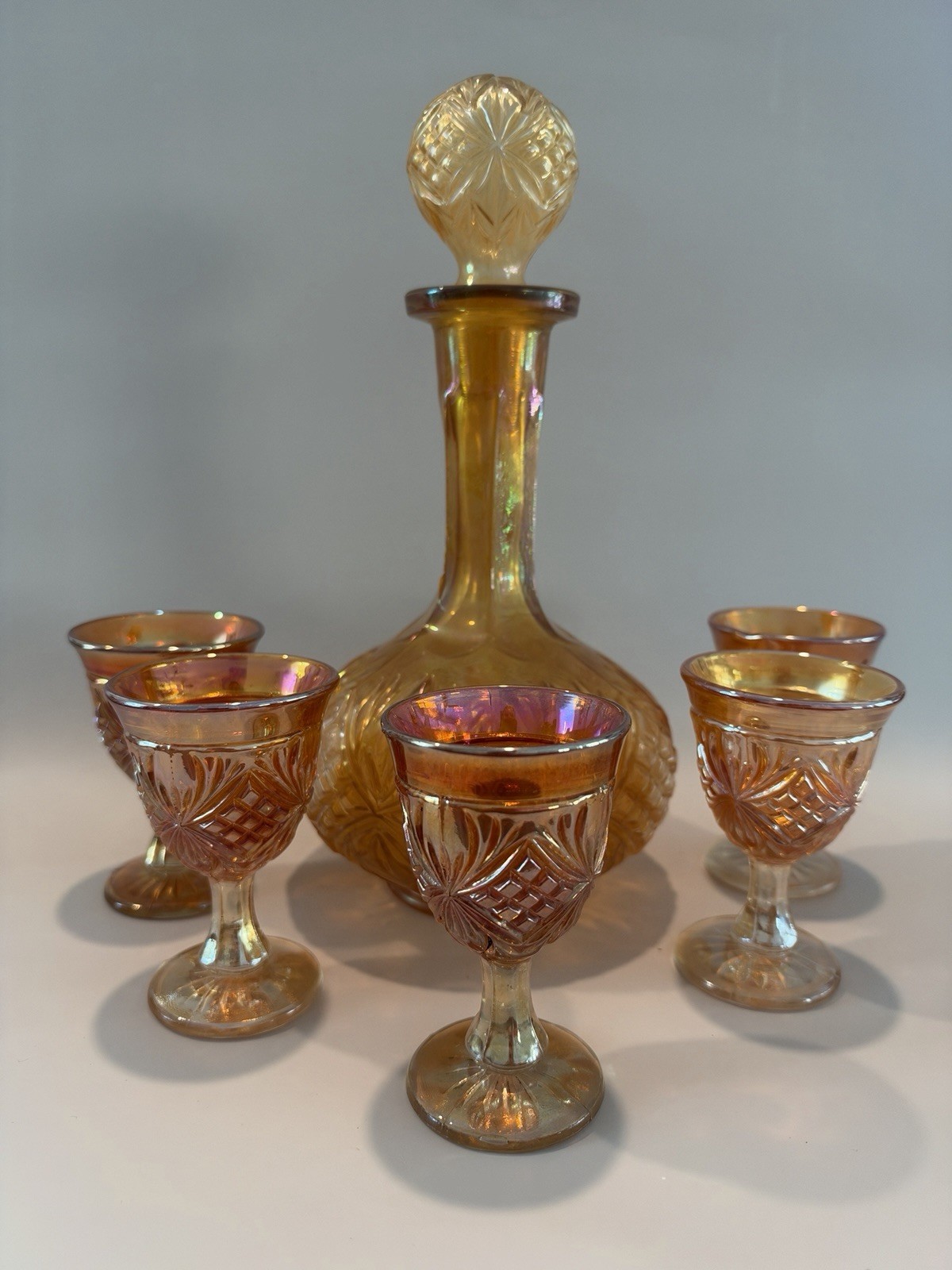Vintage Marigold Carnival Glass Decanter Set Including 5 Cordial Glasses