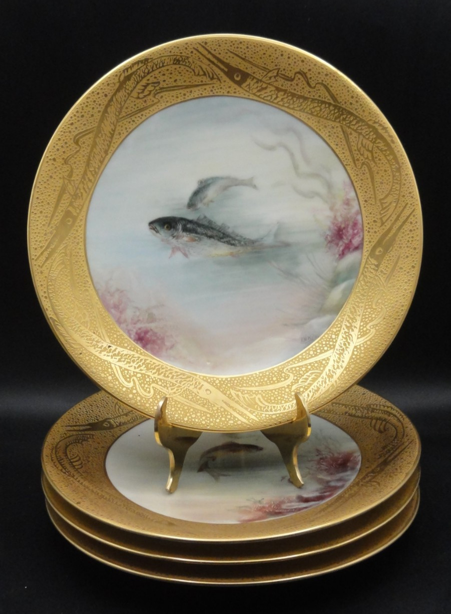 4PC Antique T&V Limoges Hand Painted Aquatic Fish & Gold Encrusted EEL Plate Set