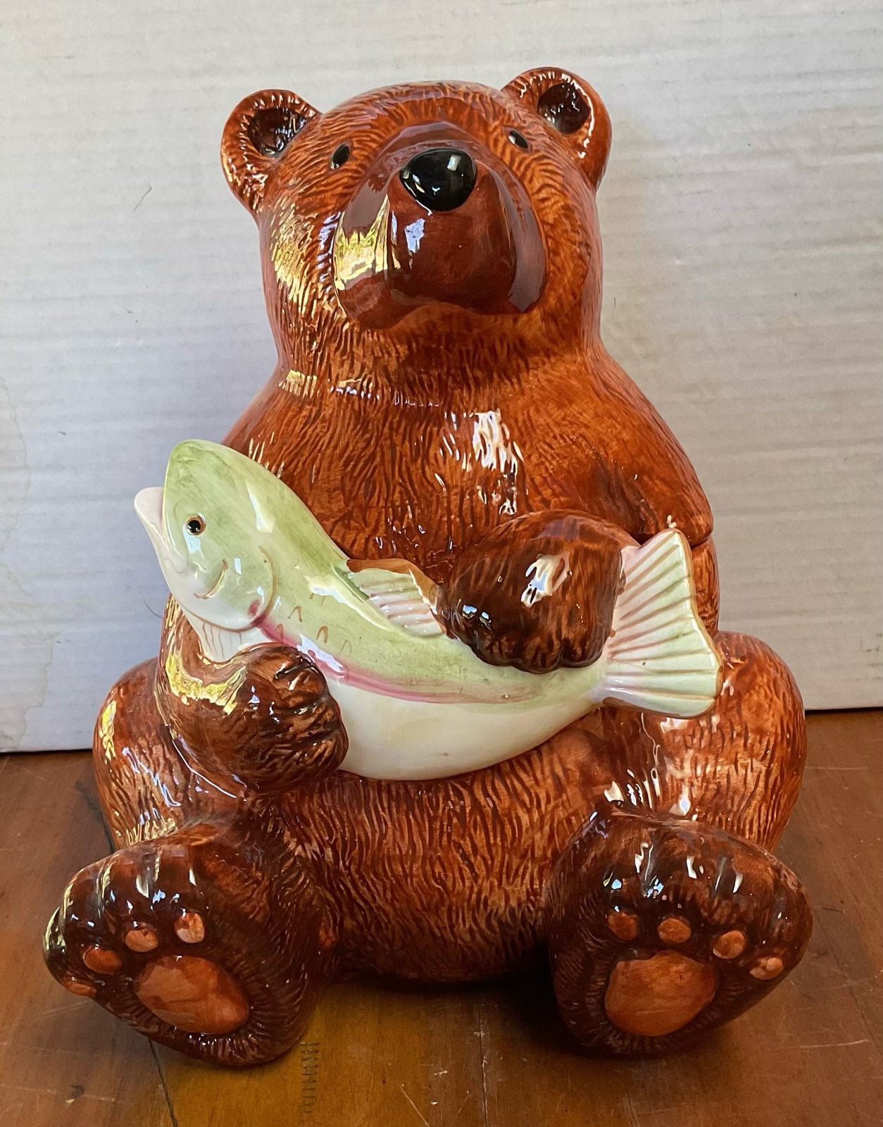 Vintage Brown Bear Holding Trout Fish Ceramic Cookie Jar 10.5