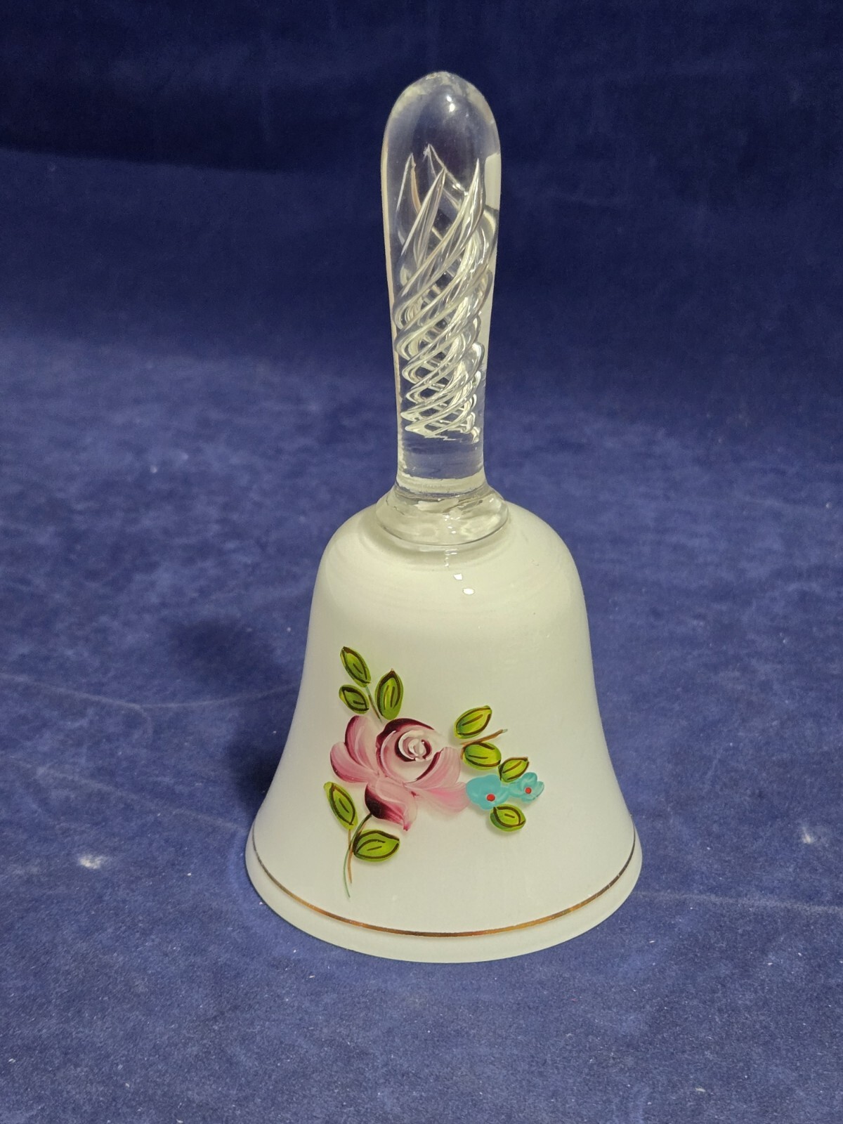 Beautiful Clear & Milk Glass Bell - Swirl Inside Handle - Hand Painted Flower 