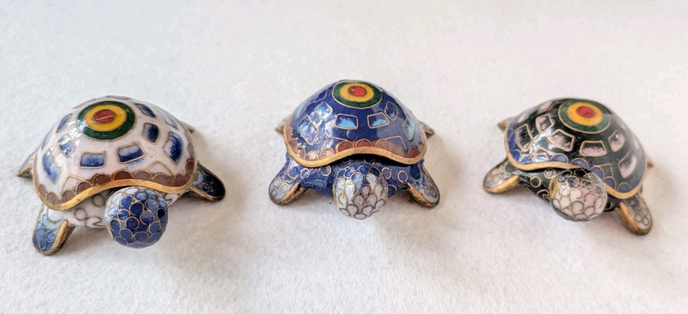 3 Vintage Cloisonne Metal Enamel Turtle Trinket Boxes w/ Removable Lid 2\