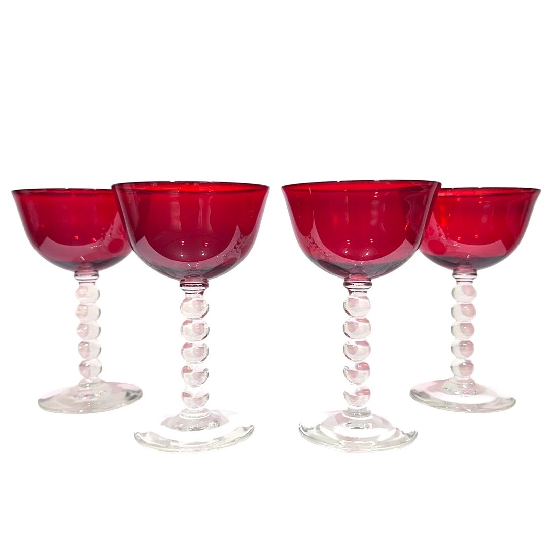 Stunning Art Deco Ruby Red Bubble Stem Champagne Tall Sherbet Glasses-Set of 4