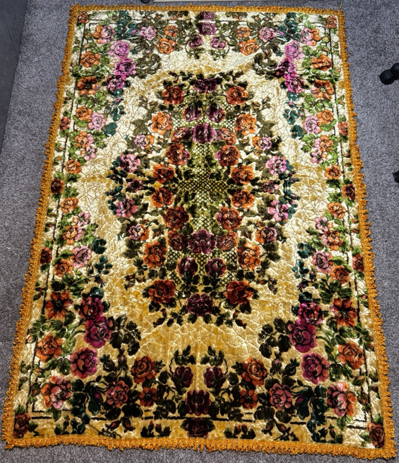 70s Italian Crushed Velvet Tapestry Rug Floral Gold Fringe MCM Boho 70s Italian Crushed Velvet Tapestry Rug Floral Gold Fringe MCM Boho