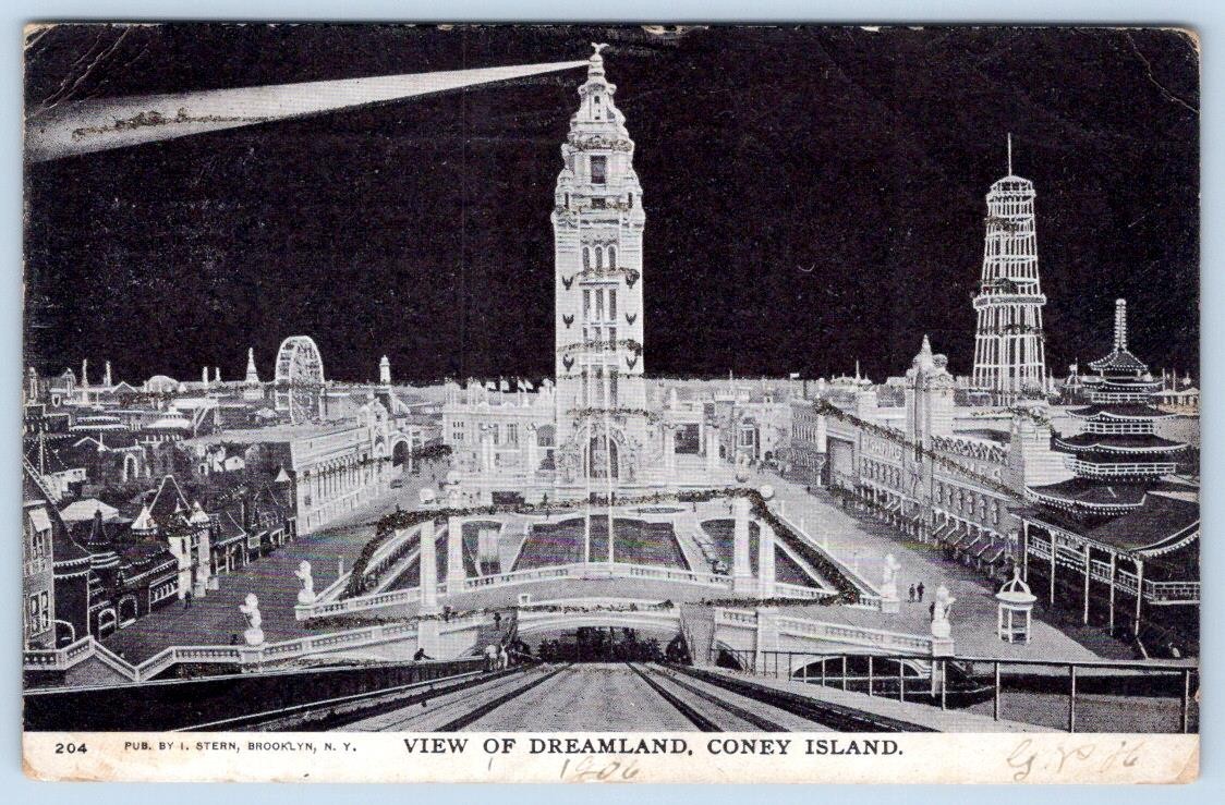 1906 VIEW OF DREAMLAND AT NIGHT CONEY ISLAND NEW YORK ANTIQUE POSTCARD #1