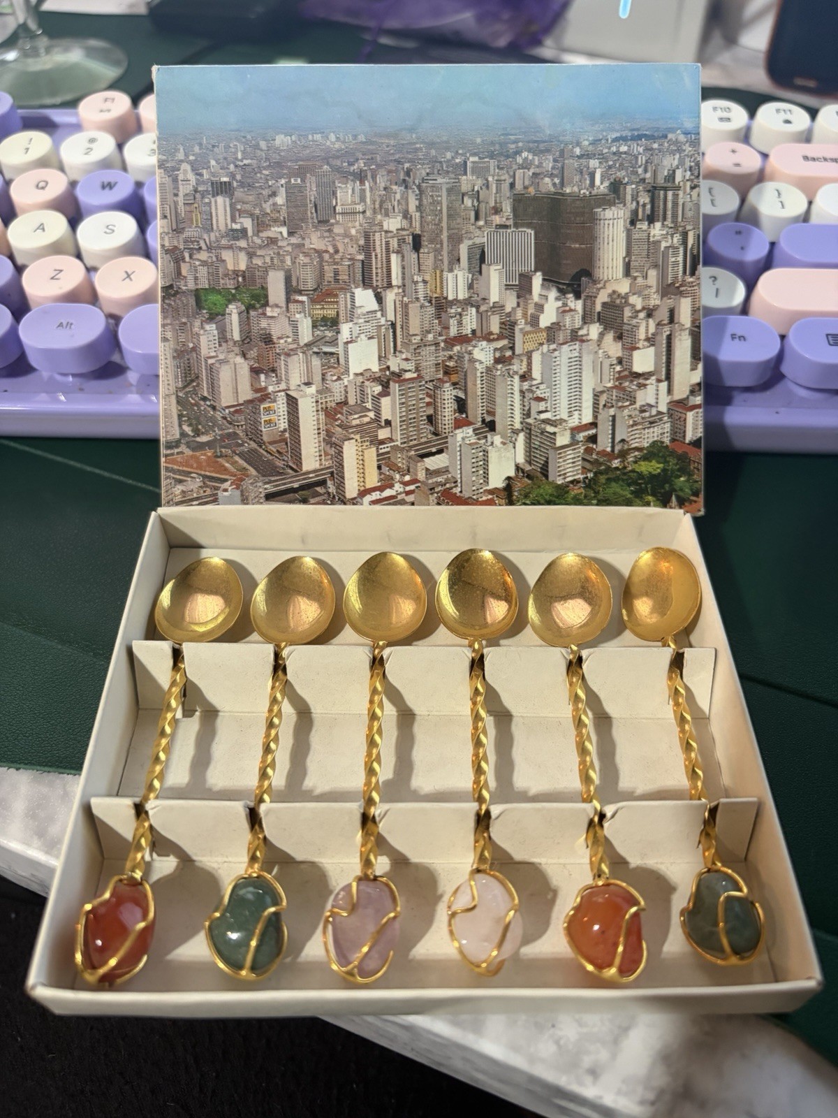 Vintage Gold Tone Souvenir Spoon Set w/ Stone Handles Brazil São Paulo 6pc Boxed