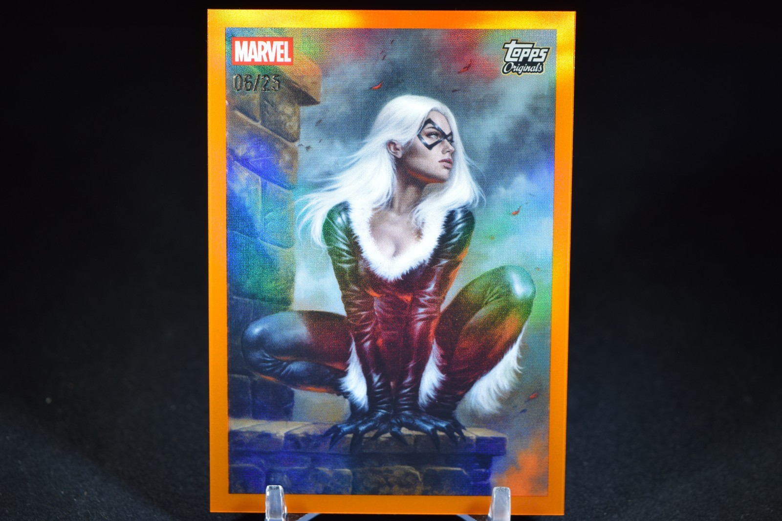 2026 Topps Chrome Marvel Topps Originals Black Cat Orange Refractor 6/25