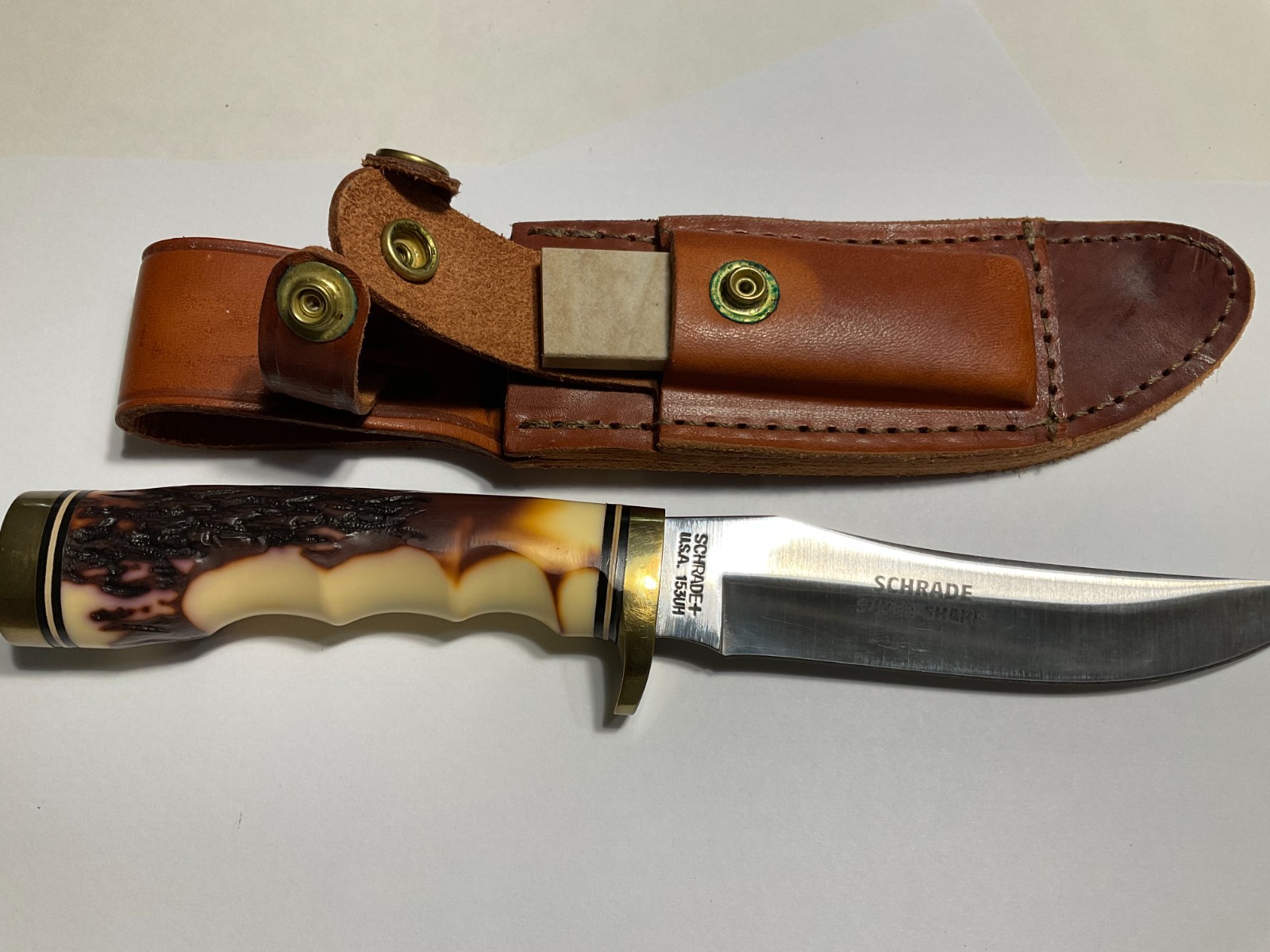 SCHRADE UNCLE HENRY 153UH GOLDEN SPIKE VINTAGE NEVER USED: KNIFE, SHEATH, STONE