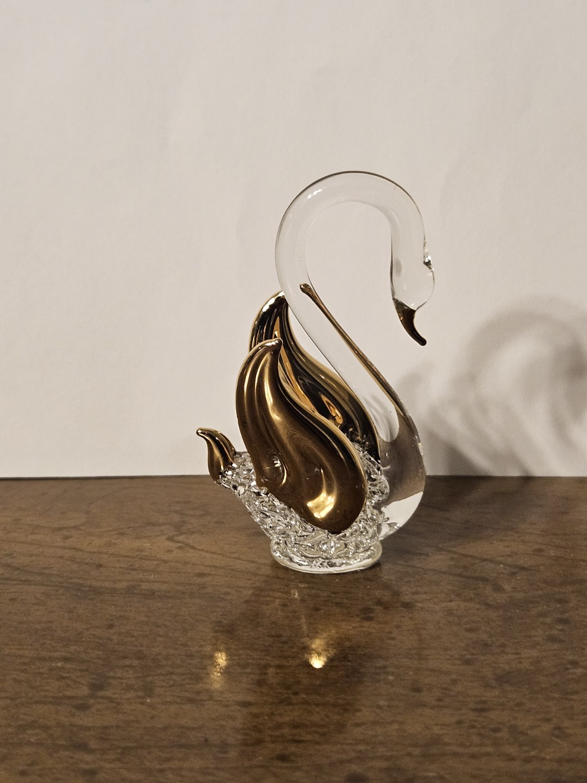 Handblown Spun Glass Crystal SWAN  22k GOLD Wings & Beak Vintage 2.5\
