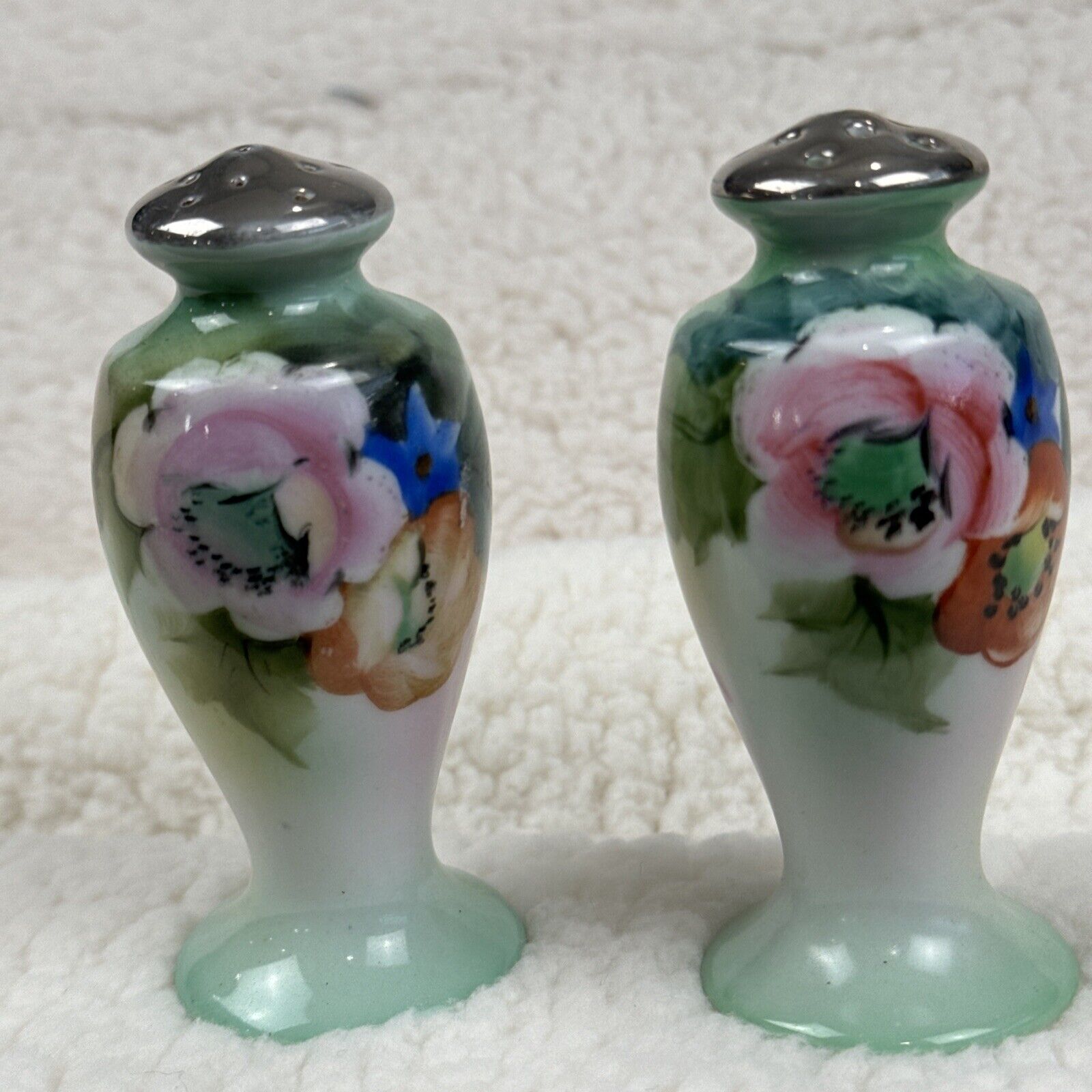 Vintage Japanese Lusterware Salt and Pepper Shakers, Hand Painted Floral w/ cork