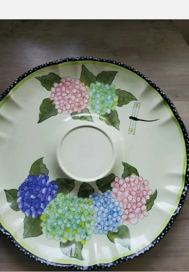 PLATE  Porcelain Hand Painted Eileen Tramonte Hydrangea/Dragonfly Appetize