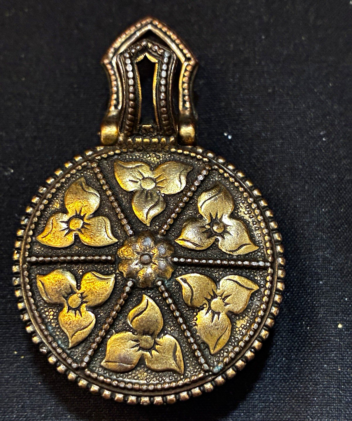 Vintage Ornate Floral Brass Tone Pill Box Pendant Hinged Secret Compartment