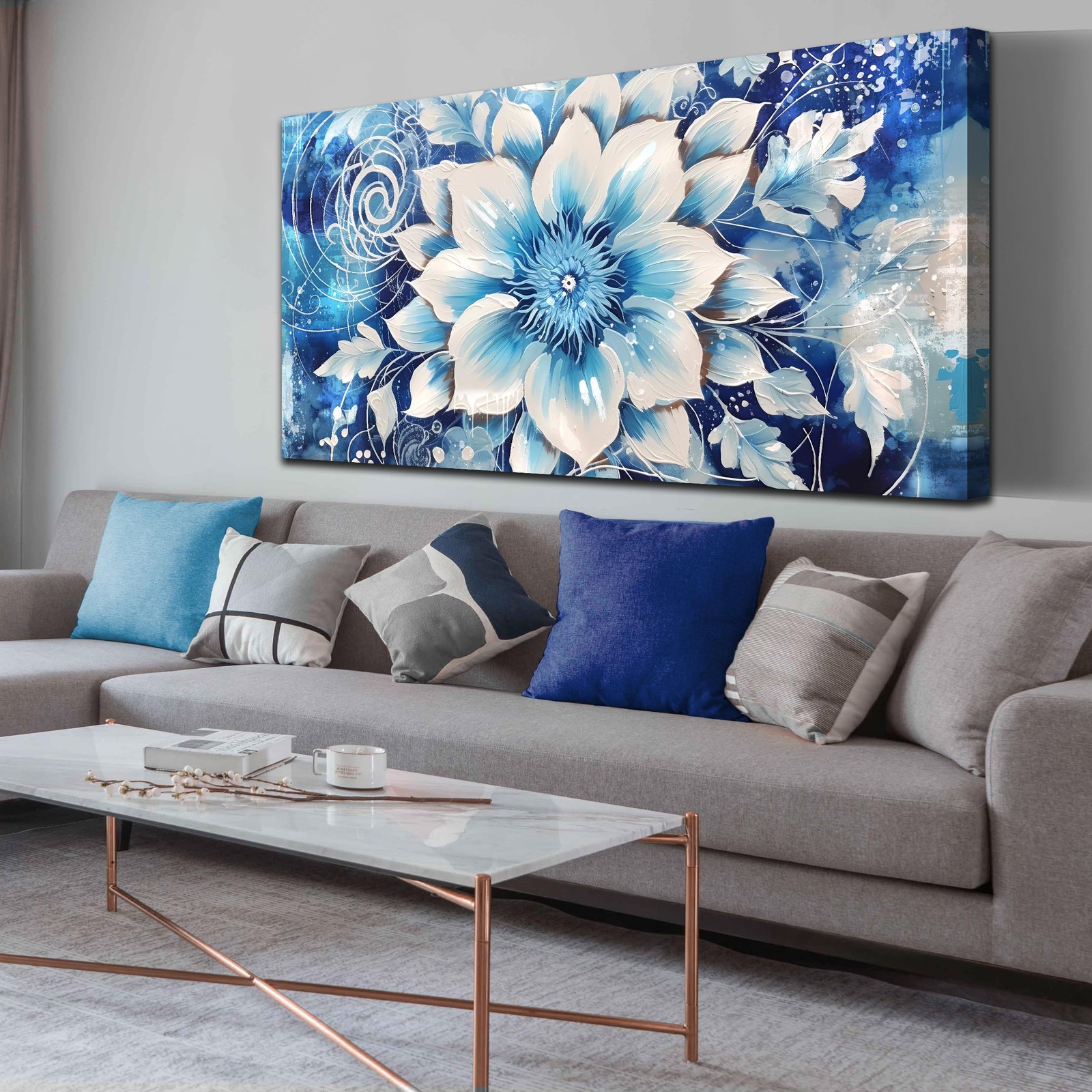 Xxliren Big Blue Floral Canvas Wall Art Prints 60 x 30 Inch