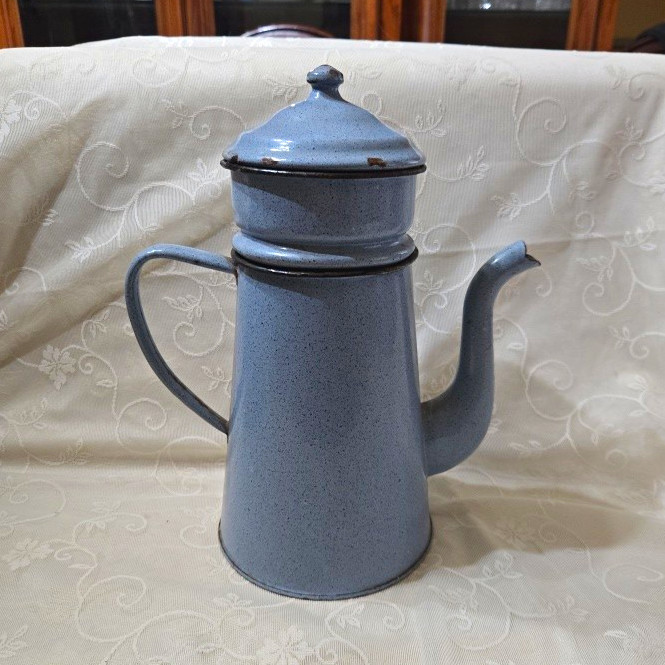 Blue Gray Vintage French Enamel Coffee Pot Percolator Set w/ Lid & Insert, 3pc