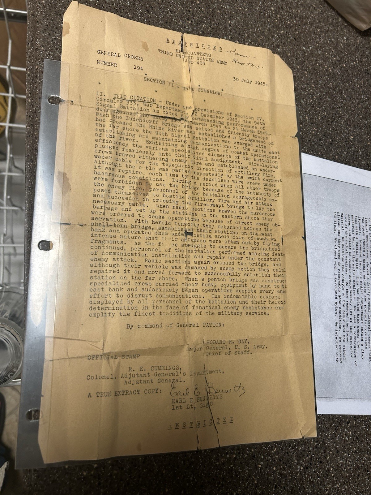 Original World War II United States Army General Orders document 1945 Patton