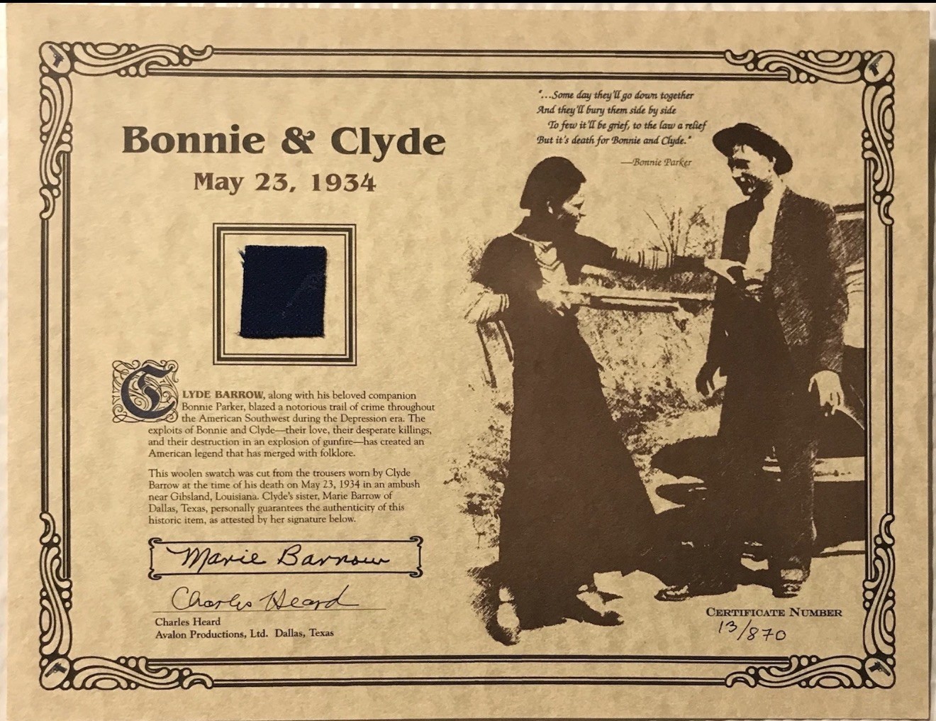 AUTHENTIC RARE Clyde Barrow Worn Death Pants LOW SERIAL 13/870 AUTHENTIC RARE Clyde Barrow Worn Death Pants LOW SERIAL 13/870