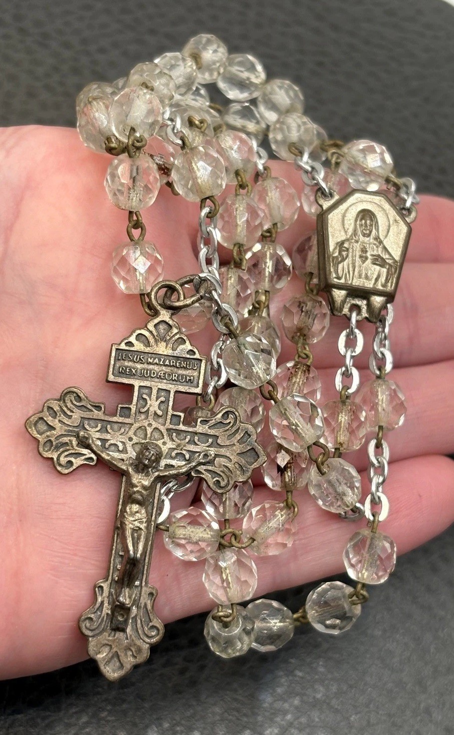VTG Catholic Rosary Clear Faceted Glass Beads Aqua Da Fatima Silver Tone 28”