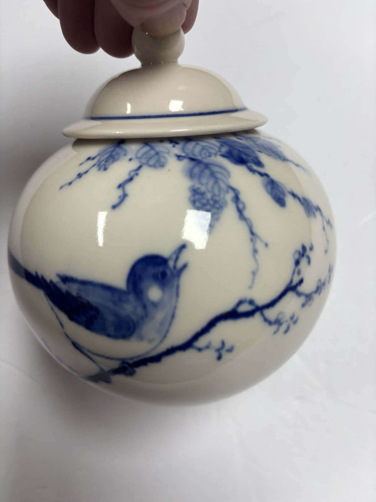 Blue White Porcelain Covered Jar Bird Floral Calligraphy Signed Marked 5”