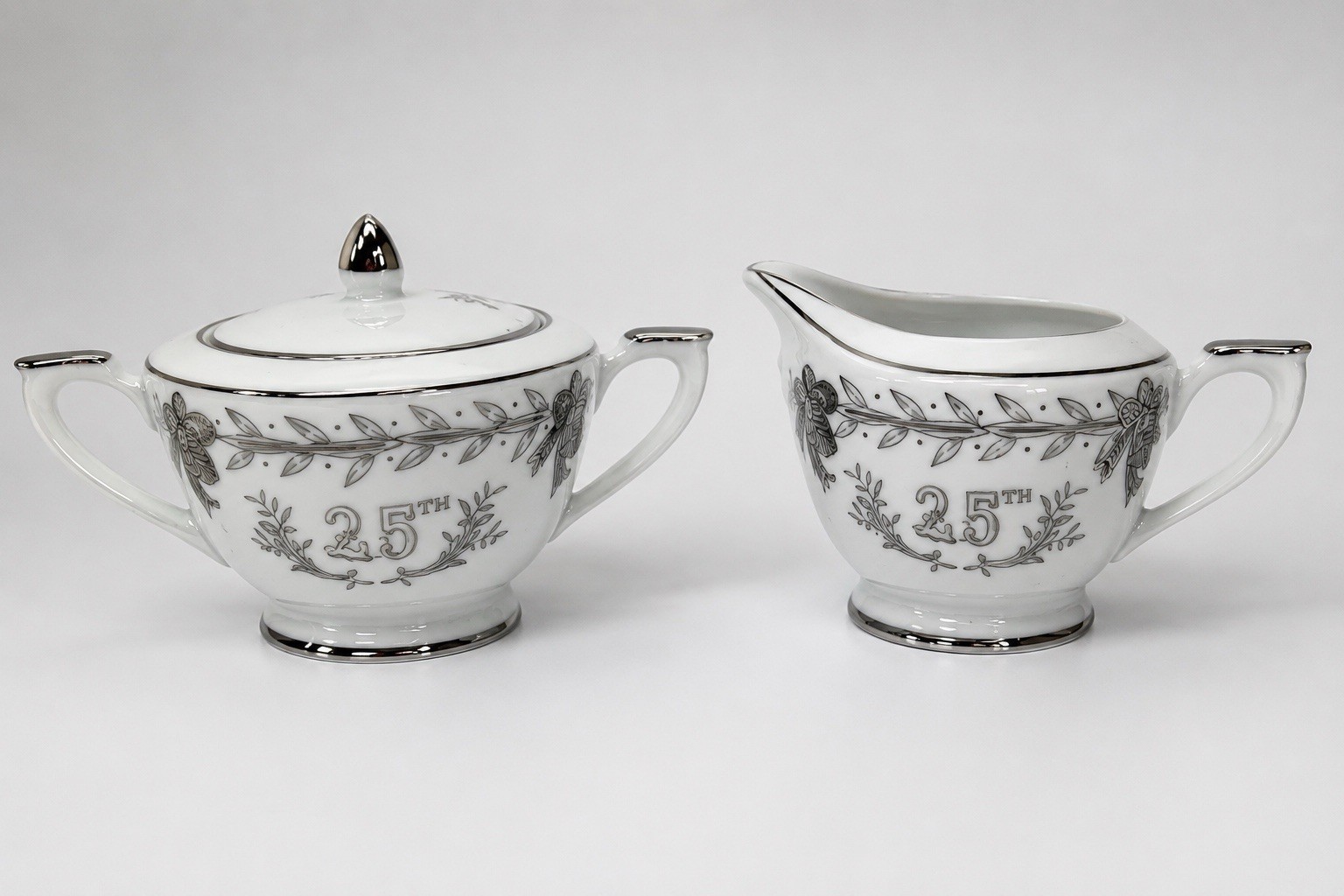 Lefton Vintage 25th Anniversary Sugar Bowl Creamer Set Silver Trim Japan Lefton Vintage 25th Anniversary Sugar Bowl Creamer Set Silver Trim Japan