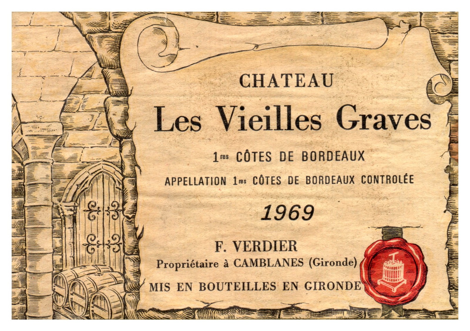 1969 Chateau Les Vieilles Graves Bordeaux France Vintage Wine Label 1969 Chateau Les Vieilles Graves Bordeaux France Vintage Wine Label