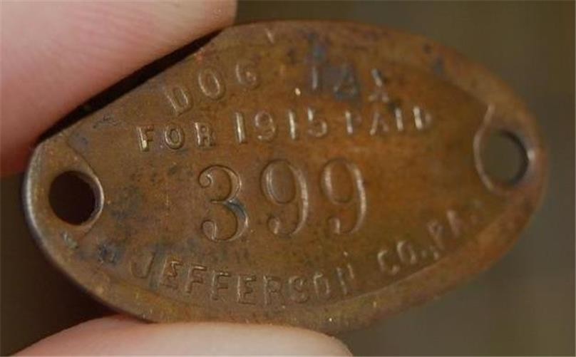 VINTAGE ANTIQUE 1915 BRASS DOG TAX PAID TAG LICENSE #318 JEFFERSON COUNTY PA.