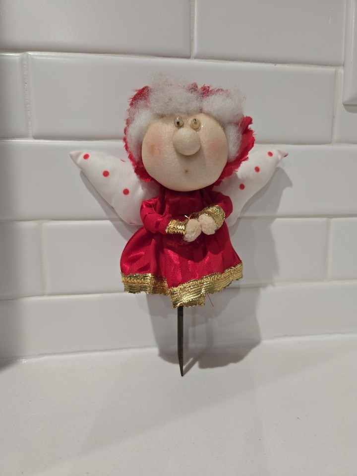 Old Wan with Pokadot Wings and A Gold Trimmed Red Dress Vintage Doll ornament