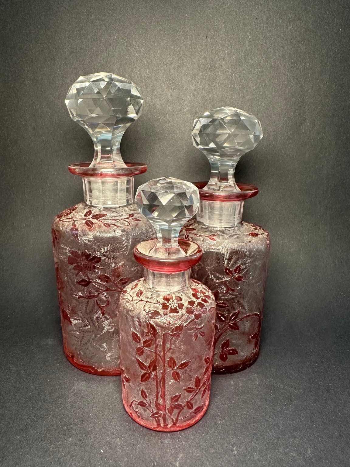 Antique Baccarat Eglantier Wild Rose Pink Cameo Crystal Perfume Bottles Set of 3