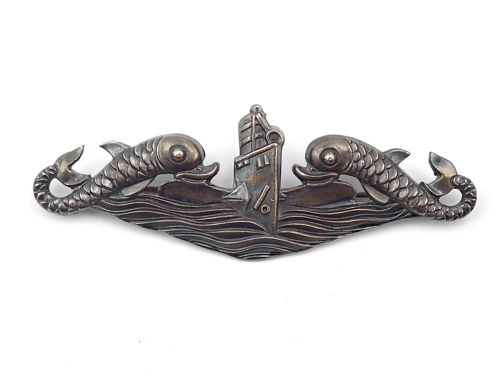 Original WWII US Navy Submarine Dolphin Badge Sterling Deep Wave H&H