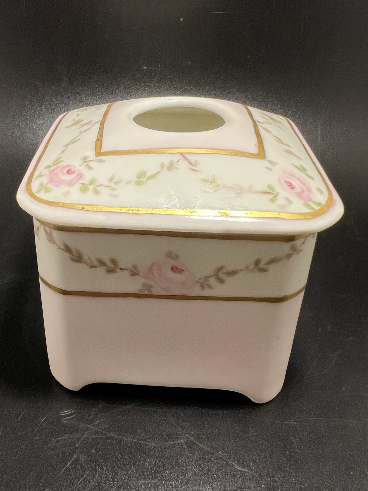 Antique B&C Limoges France Porcelain Pink Flower Hair Receiver Box