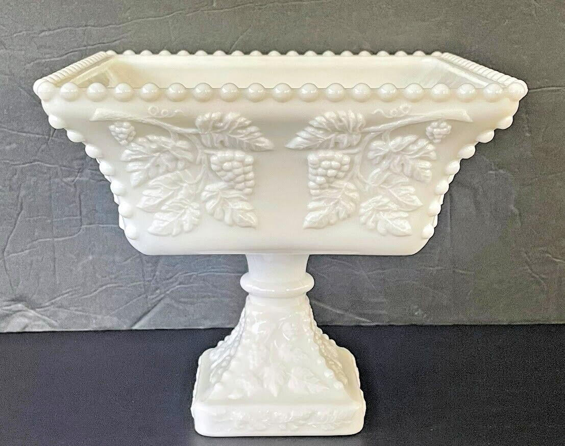 Westmorland Milk Glass Antique Fruit Bowl Thick Glass Square Footed Grape Design