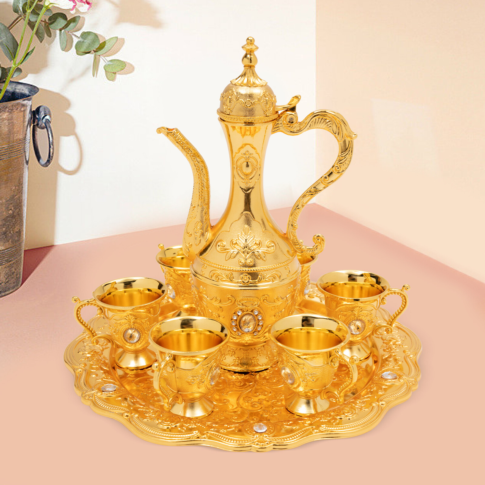 Turkish Tea Set Vintage Coffee Set W/ Pot +6 Cups for Wedding Christmas Birthday