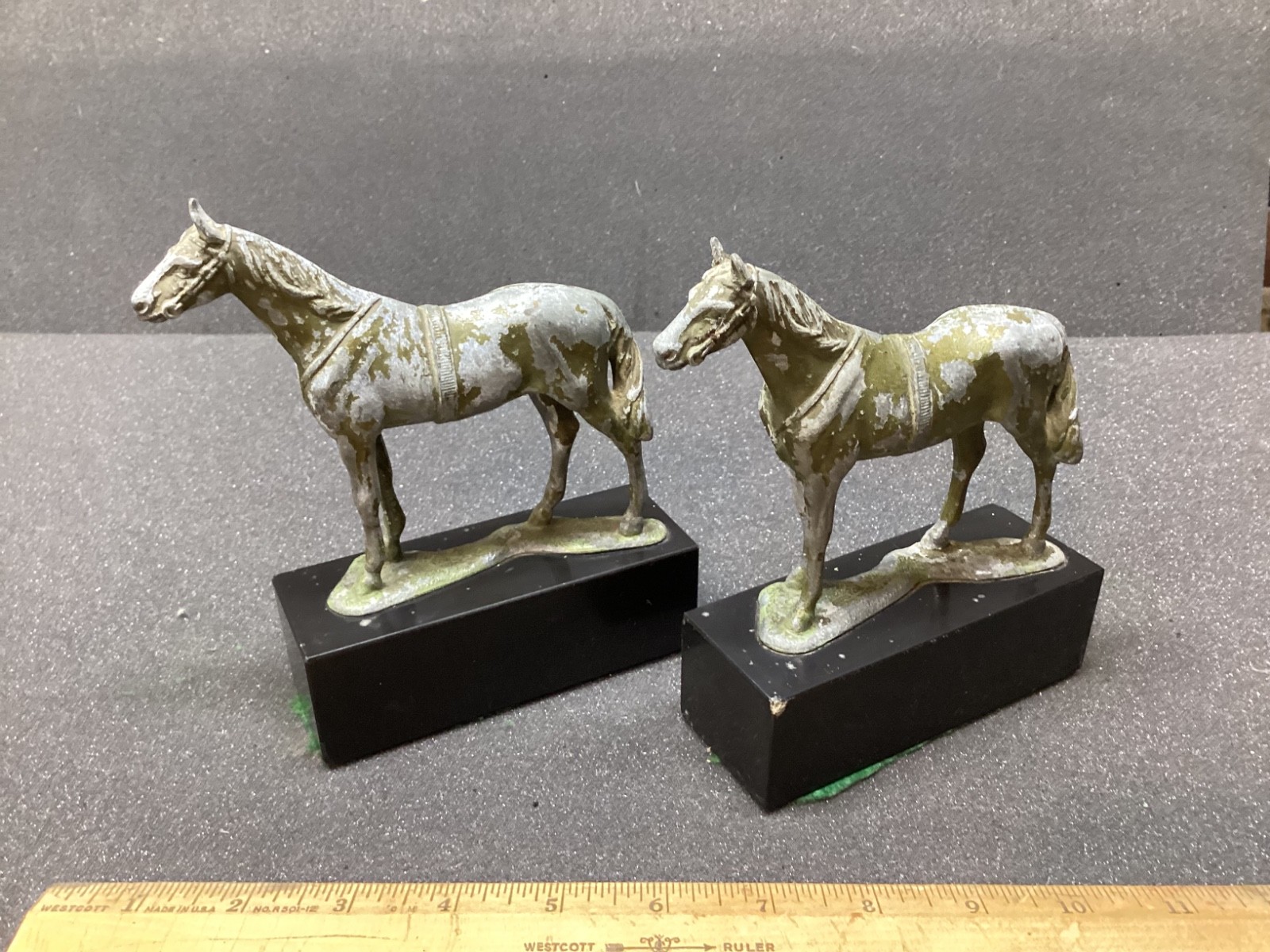 Vintage Cast Metal Horse Bookends on Black Rectangular Base Vintage Cast Metal Horse Bookends on Black Rectangular Base