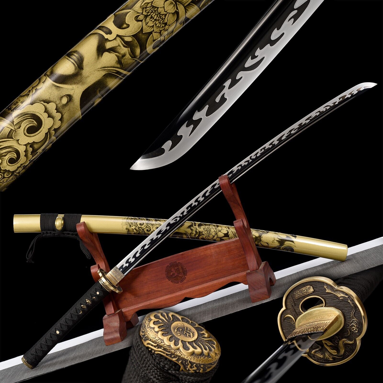 40''Black Katana 1095 High carbon Steel Japanese Samurai Handmade sharp Sword