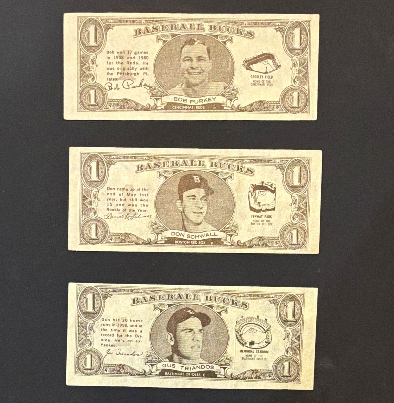 1962 Vintage Baseball Bucks $1 Fantasy Notes Lot of 3: Purkey, Schwall, Triandos 1962 Vintage Baseball Bucks $1 Fantasy Notes Lot of 3: Purkey, Schwall, Triandos