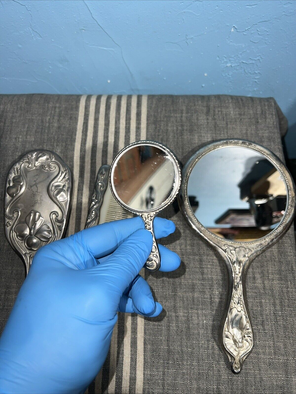 Heavy Vintage Antique Silver Plated Ornate Vanity Hand-Held Mirror and Brush