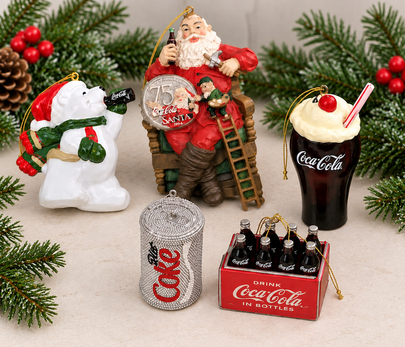 Lot Of 5 Vintage COCA-COLA Christmas Ornaments