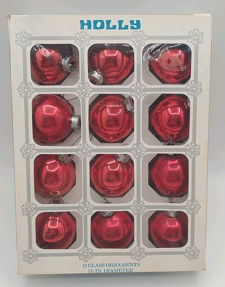 12 Holly Glass Ball Christmas Ornaments Red 1.75\ 12 Holly Glass Ball Christmas Ornaments Red 1.75\