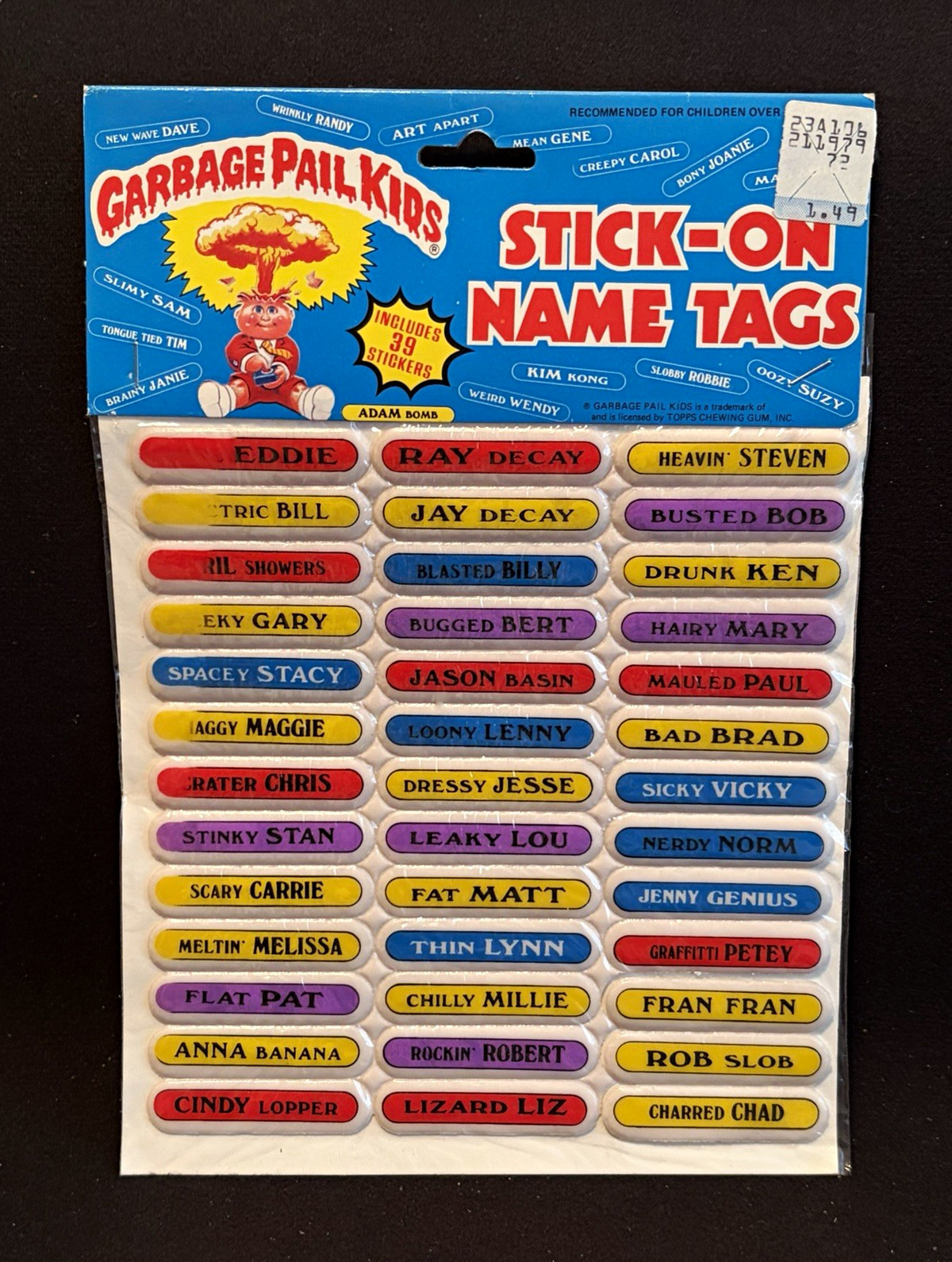 1986 Imperial Toys Garbage Pail Kids Stick On Name Tags RARE ERROR OS1 “B” names 1986 Imperial Toys Garbage Pail Kids Stick On Name Tags RARE ERROR OS1 “B” names