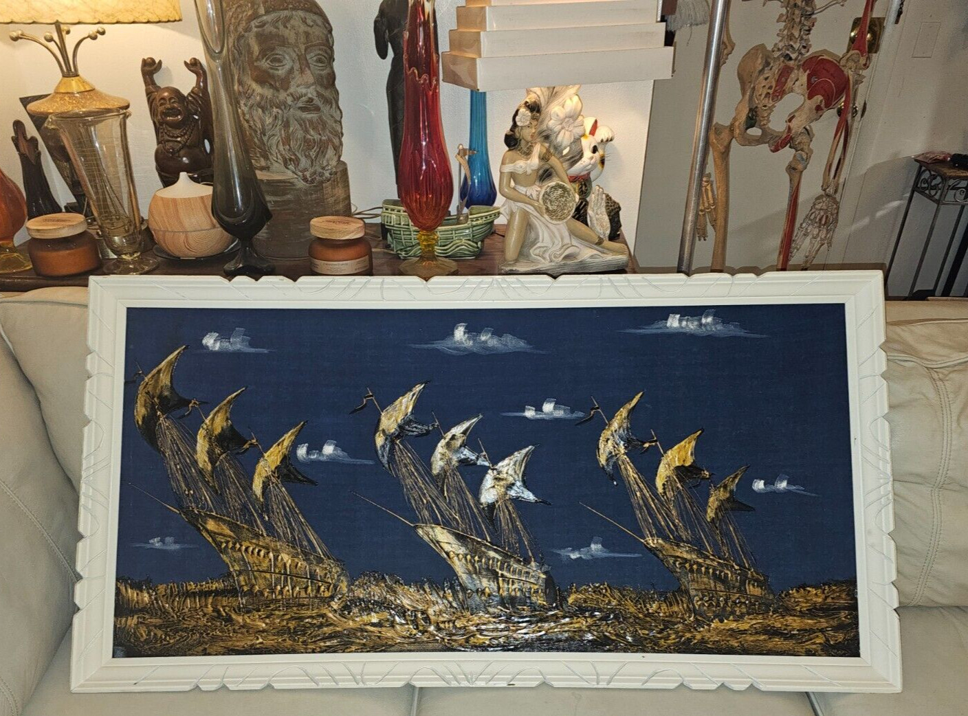 Vintage 1960s Mid Century BLUE Velvet Painting Conquistadors Galleons 47\