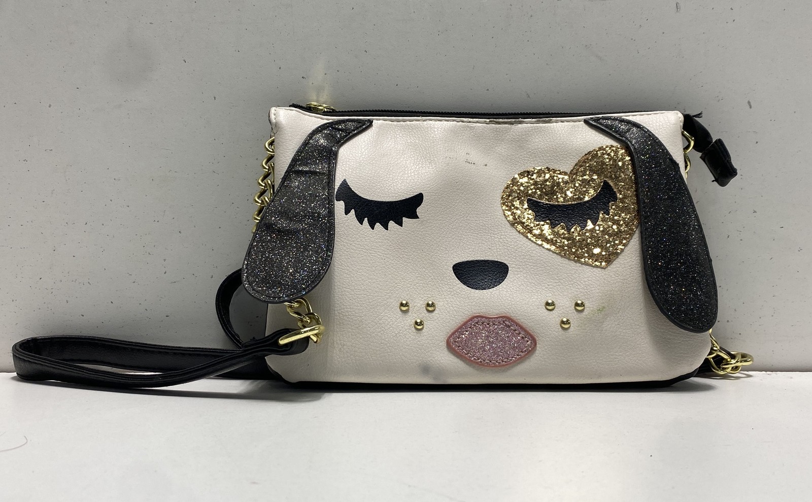 Luv Betsey by Betsey Johnson White Black Dog Face Crossbody Bag Gold Hardware