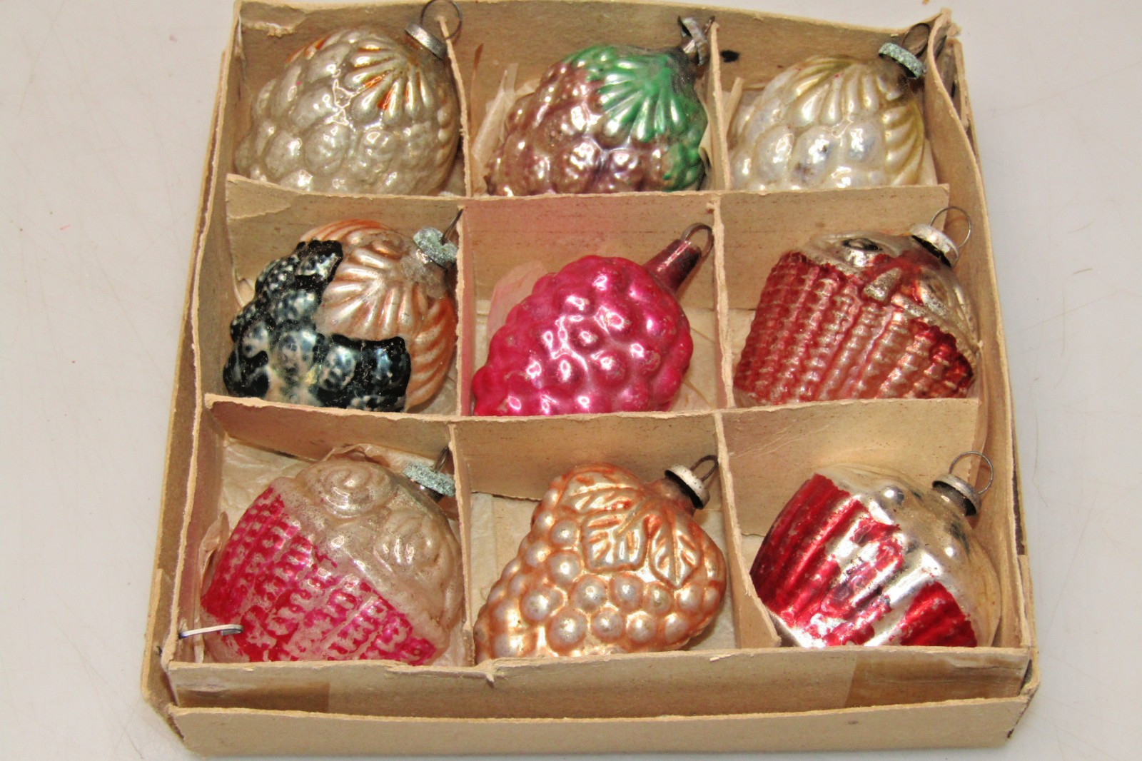 Lot VTG Glass Feather Tree BERRY GRAPE BASKET Mini Christmas Ornaments Japan