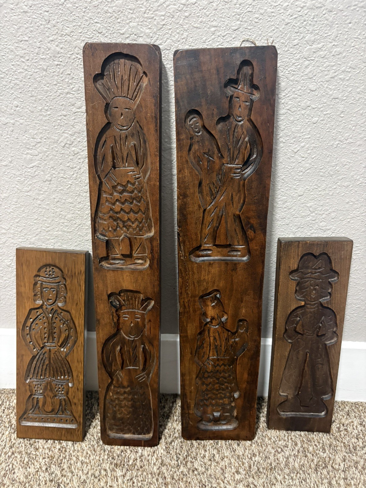 Set of 4 Antique Dutch Speculaas Springerle Cookie Mold Boards Carved Wood 
