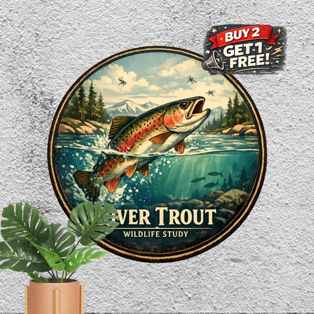 Vintage French Trout Fly Fishing Round Tin Sign Rustic Lakeside Cabin Decor 8x8