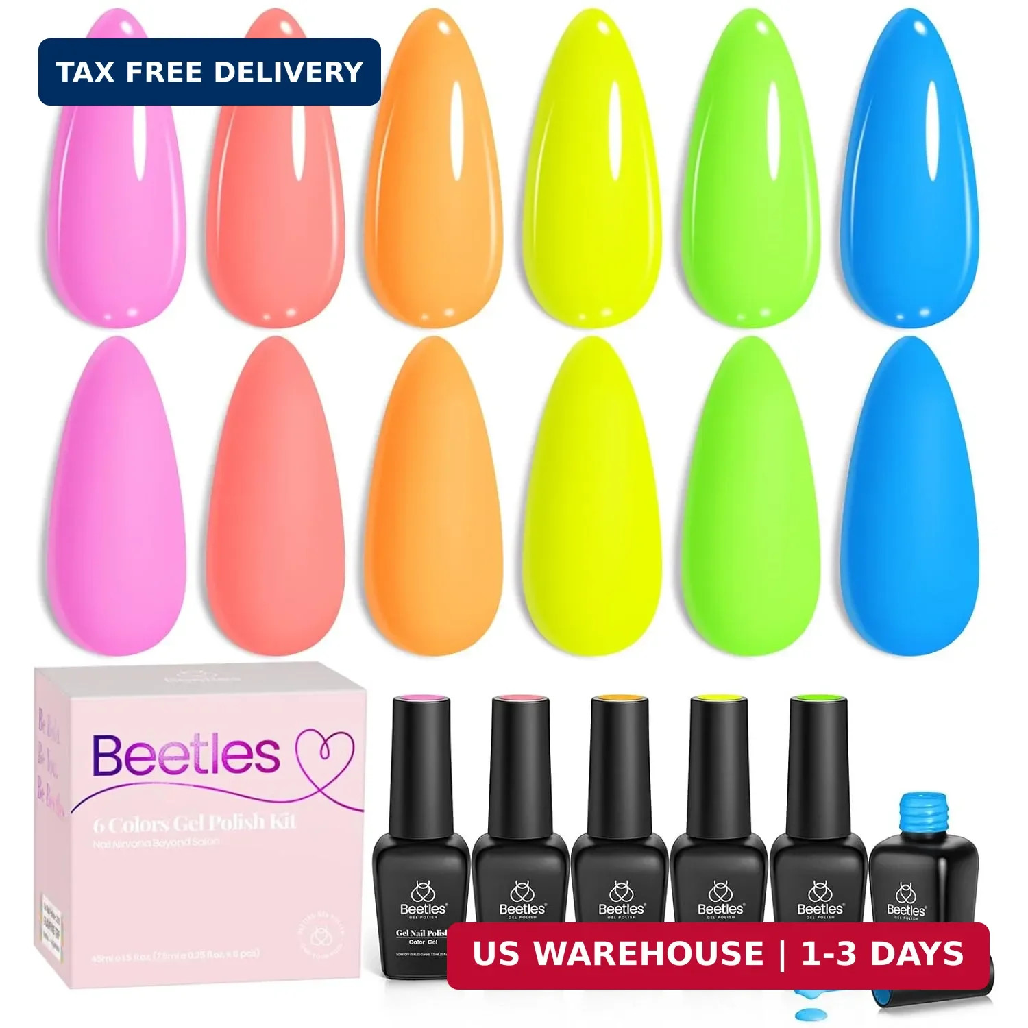 Beetles Neon Gel Nail Polish - Neon Lights, Bright Rainbow Collection, 6 Colors