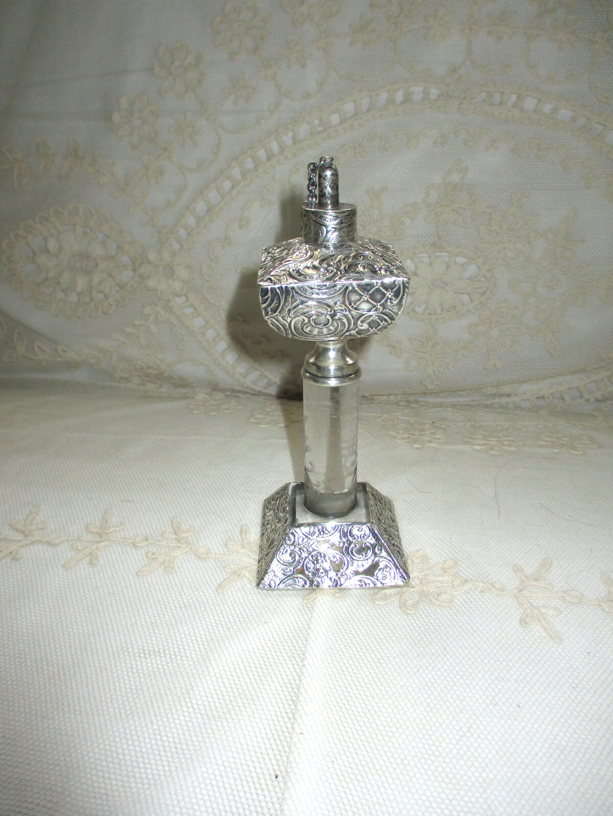 RARE Antique Silver Cigar Lighter / Oil Lamp Ornate Silver & Etched Crystal